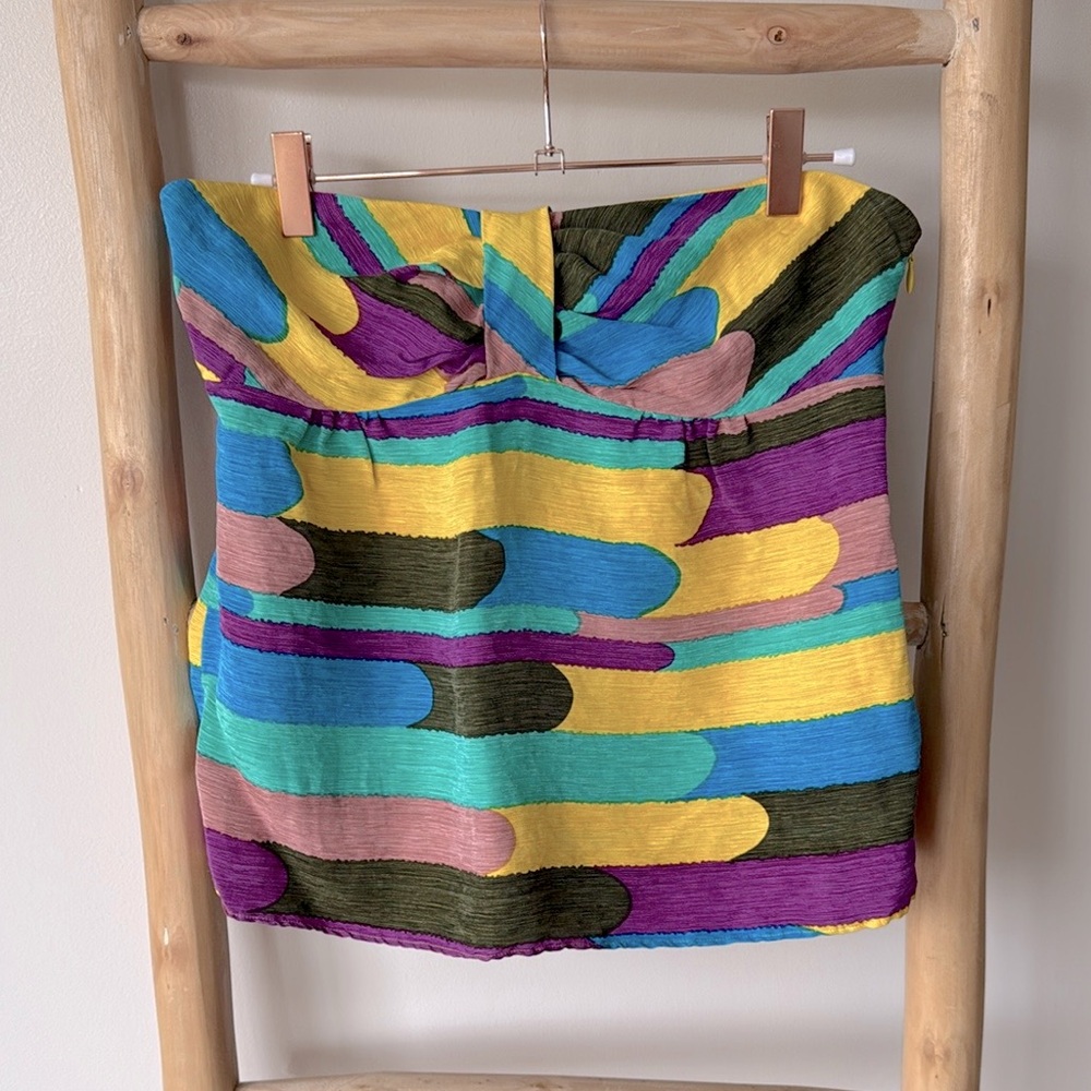 Tibi Multicolor Abstract Pattern Silk Linen Blend Colorful Strapless Summer Top